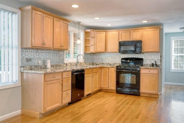 2 Dalton Ter, Holbrook, MA 02343 - kitchen with black appliances, light brown cabinetry, light wood finished floors, and recessed lighting