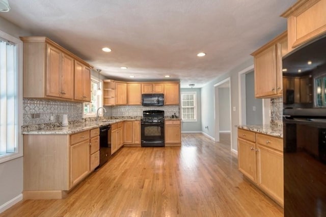 2 Dalton Ter, Holbrook, MA 02343 - kitchen with black appliances, open shelves, backsplash, healthy amount of natural light, and recessed lighting