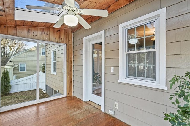 unfurnished sunroom featuring a skylight, plenty of natural light, and ceiling fan