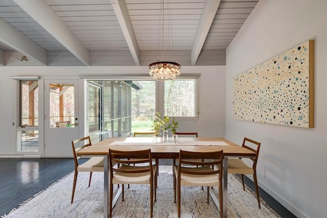 dining area with wood ceiling, beam ceiling, wood finished floors, and a chandelier