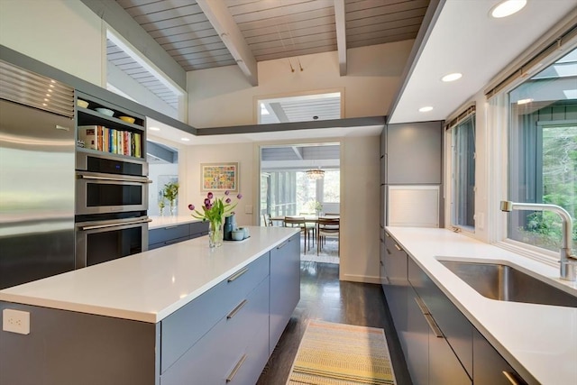 kitchen with modern cabinets, recessed lighting, gray cabinets, a sink, and stainless steel appliances