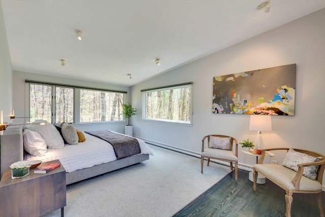 bedroom featuring a baseboard heating unit, baseboards, vaulted ceiling, and wood finished floors