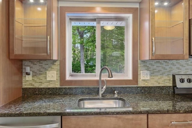15 Temi Rd, Beverly, MA 01915 - kitchen featuring a sink, dishwashing machine, tasteful backsplash, and dark stone countertops