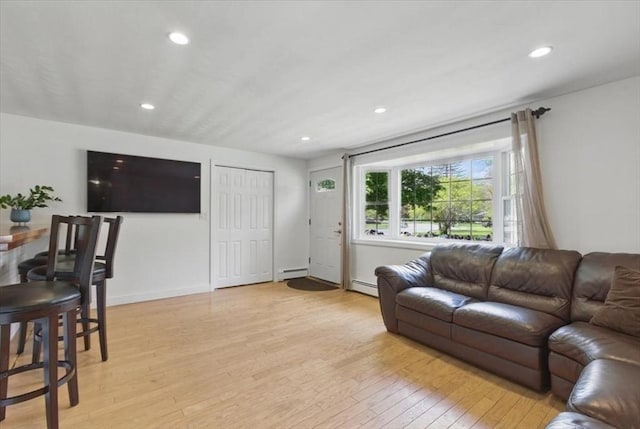 15 Temi Rd, Beverly, MA 01915 - living room featuring light wood-style flooring, recessed lighting, a baseboard radiator, and baseboards