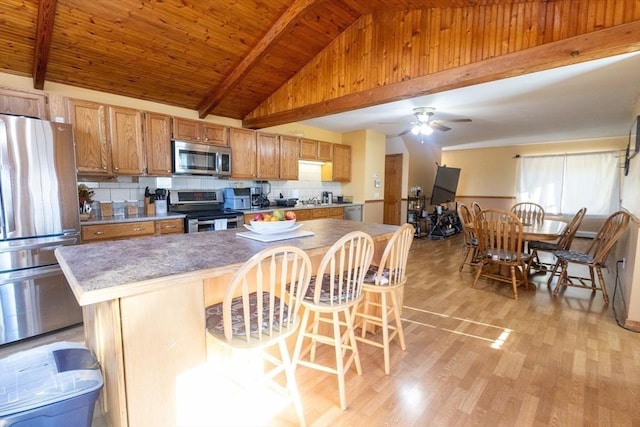 kitchen with backsplash, stainless steel appliances, a center island, lofted ceiling with beams, and light hardwood / wood-style floors