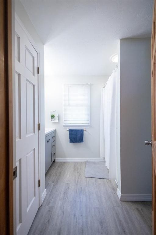 bathroom with vanity and hardwood / wood-style floors