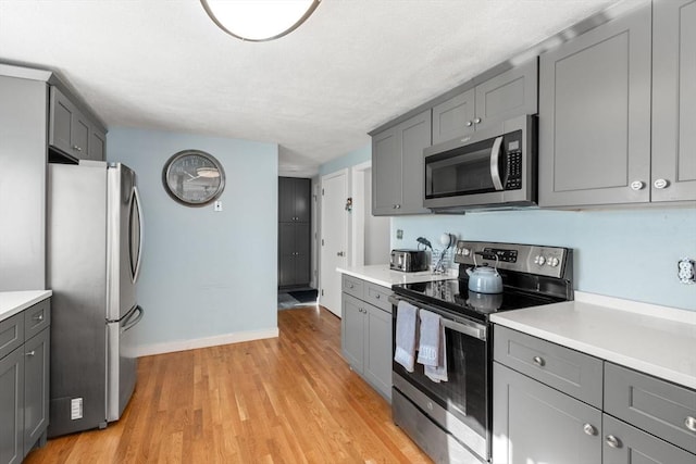 kitchen with gray cabinets, light hardwood / wood-style flooring, and stainless steel appliances