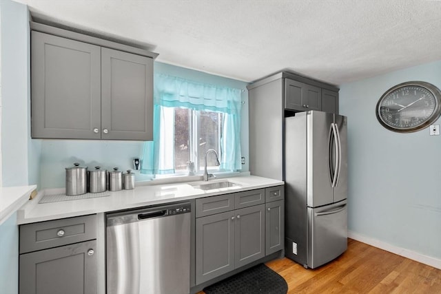 kitchen featuring a textured ceiling, appliances with stainless steel finishes, sink, gray cabinets, and light wood-type flooring