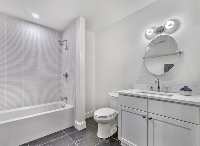 full bathroom with tile patterned flooring, baseboards, toilet, shower / bathing tub combination, and vanity