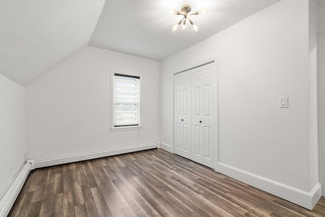 20 Pleasant View Ave, Everett, MA 02149 - unfurnished bedroom with a chandelier, wood finished floors, vaulted ceiling, a closet, and a baseboard radiator