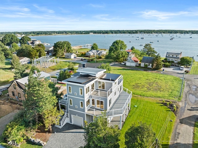 aerial view featuring a water view