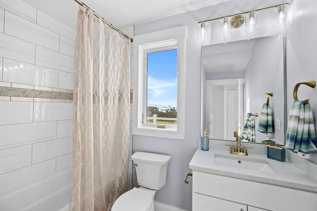 full bathroom featuring vanity, shower / tub combo with curtain, and toilet