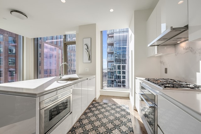 kitchen with white cabinetry, light hardwood / wood-style flooring, sink, and appliances with stainless steel finishes