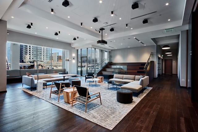 living room with dark wood-type flooring