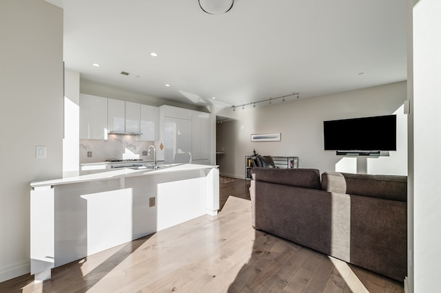 kitchen featuring decorative backsplash, light wood-type flooring, sink, and white cabinets