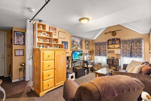52 Adams St, Taunton, MA 02780 - living room featuring dark carpet and lofted ceiling