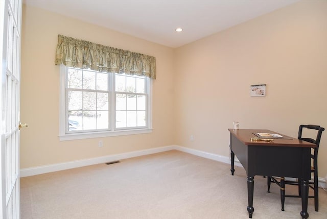 office area featuring recessed lighting, light colored carpet, visible vents, and baseboards