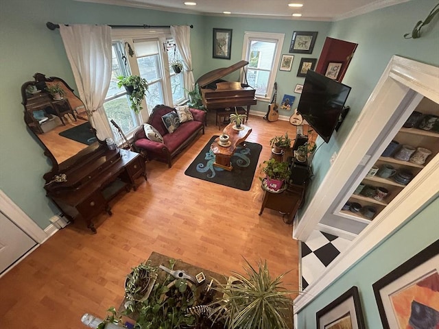 living room with wood-type flooring and ornamental molding