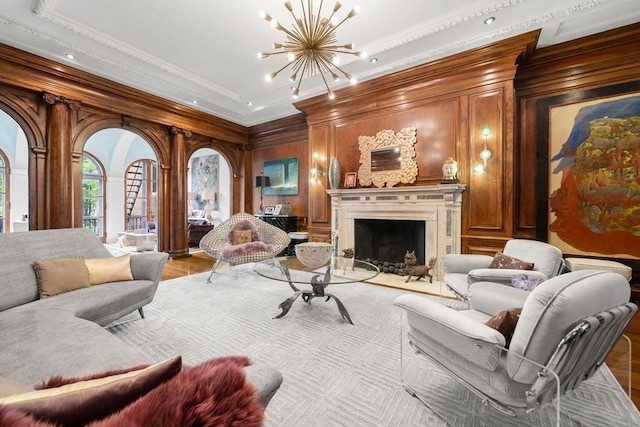 258-260 Beacon St Unit 4, Boston, MA 02116 - living area featuring a chandelier, ornamental molding, and a fireplace