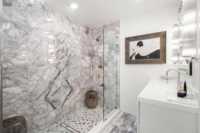 258-260 Beacon St Unit 4, Boston, MA 02116 - full bath with a marble finish shower, marble look tile flooring, and double vanity