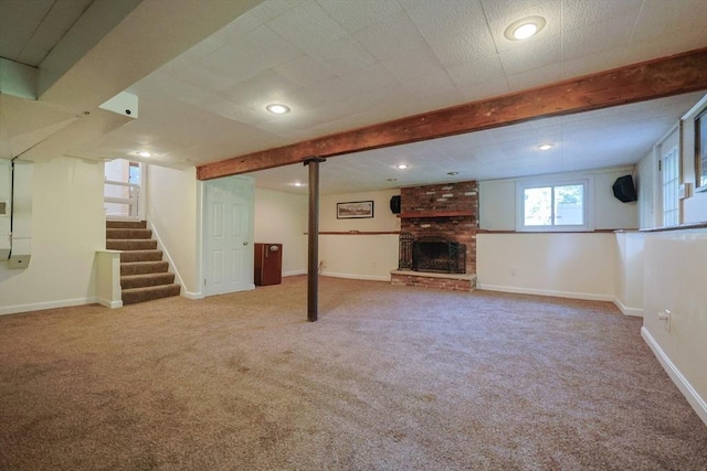 161 N Worcester St, Norton, MA 02766 - basement featuring a fireplace, carpet flooring, stairs, and recessed lighting