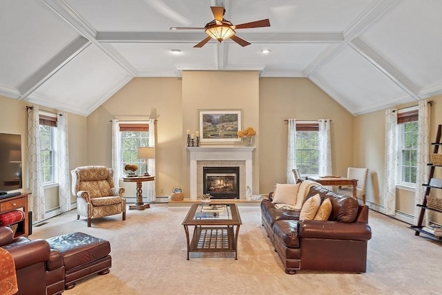 86 S Cross Rd, Haverhill, MA 01835 - carpeted living area with ceiling fan, a tiled fireplace, and baseboards