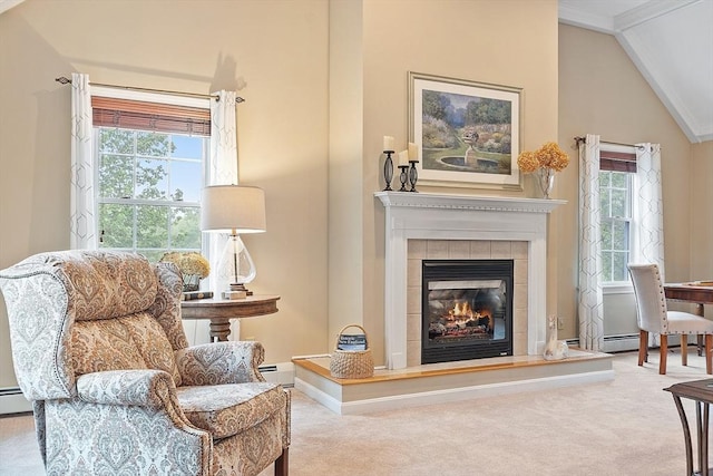 86 S Cross Rd, Haverhill, MA 01835 - living area featuring carpet flooring, a tile fireplace, a baseboard radiator, vaulted ceiling, and crown molding