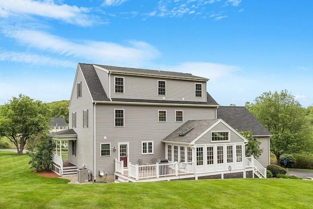 86 S Cross Rd, Haverhill, MA 01835 - rear view of house featuring a yard, a shingled roof, cooling unit, and a deck