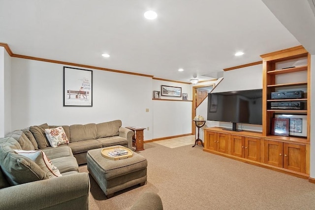 86 S Cross Rd, Haverhill, MA 01835 - living area featuring crown molding, recessed lighting, light colored carpet, and baseboards