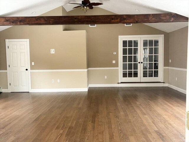 unfurnished room with a ceiling fan, french doors, lofted ceiling with beams, and wood finished floors