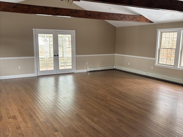 spare room with french doors, lofted ceiling with beams, a ceiling fan, wood finished floors, and baseboards