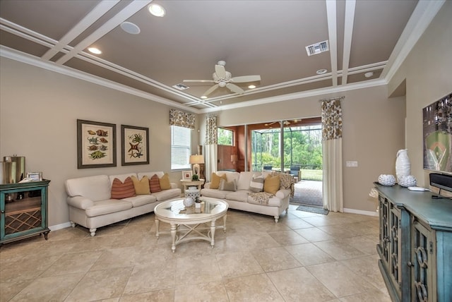 tiled living room featuring coffered ceiling, ceiling fan, and ornamental molding