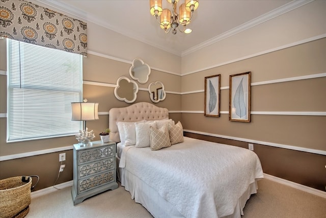 bedroom featuring ornamental molding, carpet floors, multiple windows, and a chandelier