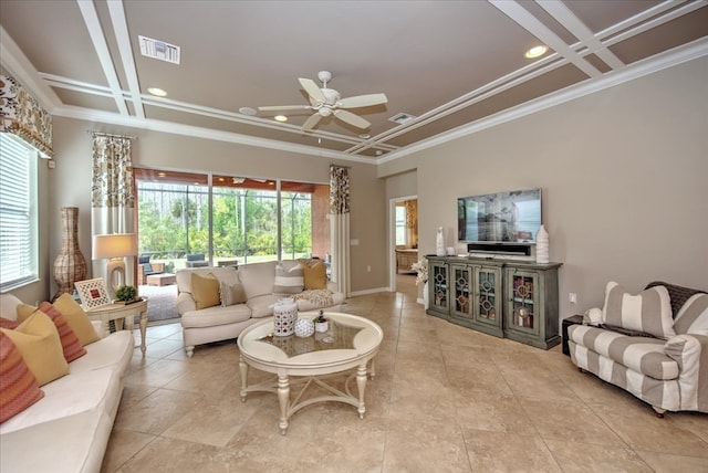 living room featuring light tile patterned flooring, coffered ceiling, ceiling fan, and crown molding