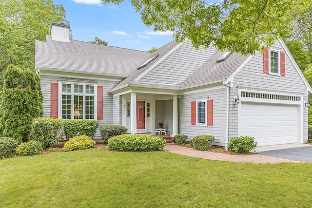 20 Crestview Cir, Barnstable, MA 02632 - view of front of home with a shingled roof, a front lawn, asphalt driveway, and a chimney