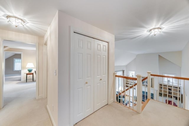 20 Crestview Cir, Barnstable, MA 02632 - hall with carpet flooring, lofted ceiling, and an upstairs landing