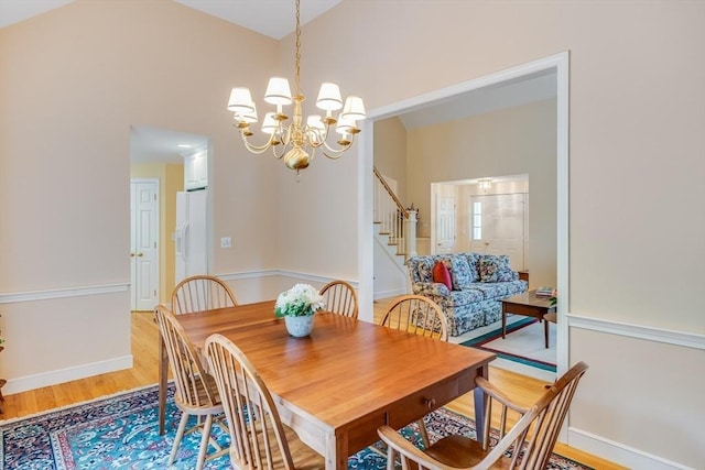 20 Crestview Cir, Barnstable, MA 02632 - dining room featuring stairway, light wood-style floors, a chandelier, and baseboards