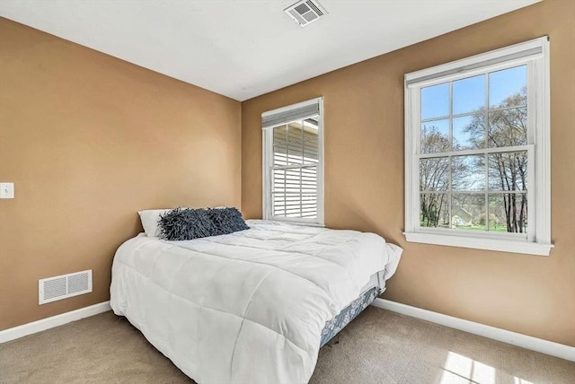 bedroom featuring baseboards, multiple windows, and carpet