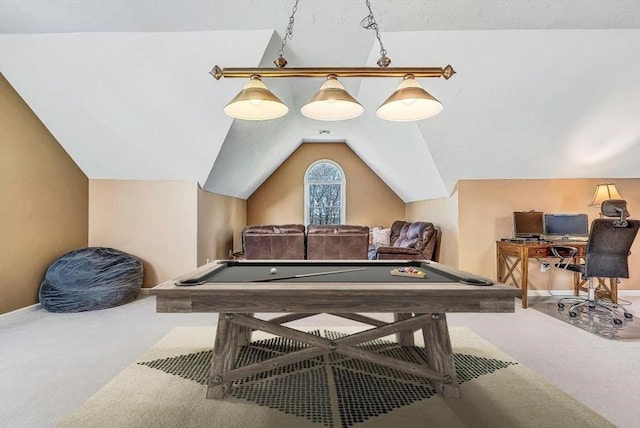 rec room featuring pool table, carpet floors, and lofted ceiling