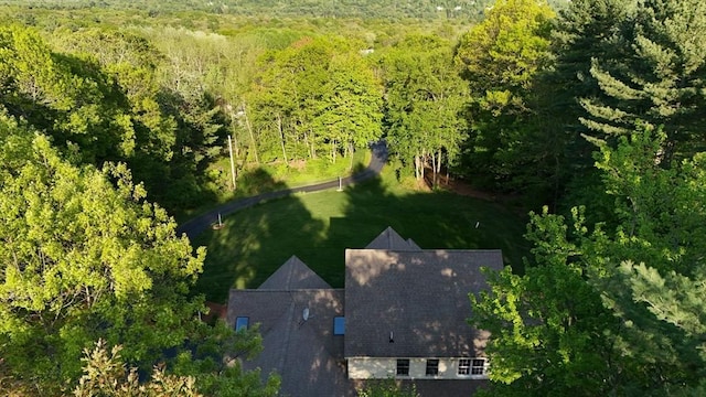 view of subject property with a heavily wooded area
