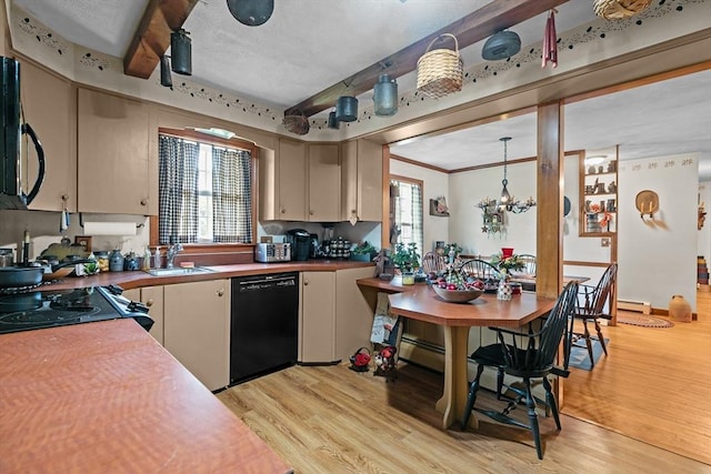 1 Pine Ln, Warren, RI 02885 - kitchen with black appliances, light wood-style floors, a sink, and a baseboard radiator