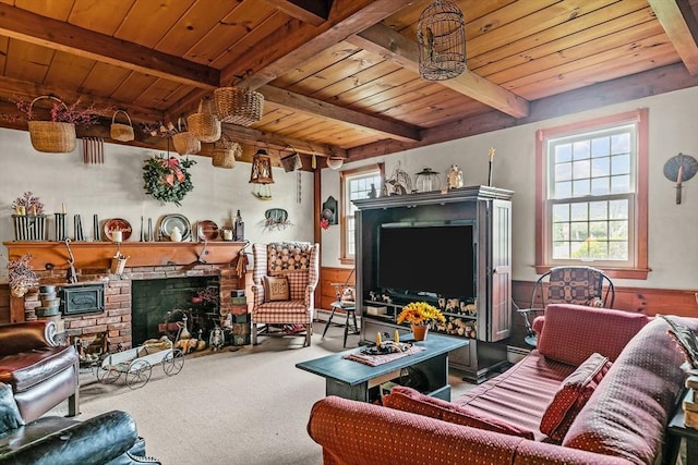 1 Pine Ln, Warren, RI 02885 - living area featuring carpet floors, wood ceiling with exposed beams, a brick fireplace, wainscoting, and baseboard heating