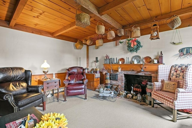 1 Pine Ln, Warren, RI 02885 - carpeted living room featuring wood ceiling with exposed beams, a wainscoted wall, and a fireplace