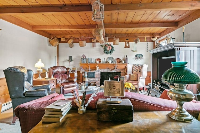 1 Pine Ln, Warren, RI 02885 - living area with a baseboard radiator, wooden ceiling with exposed beams, and carpet