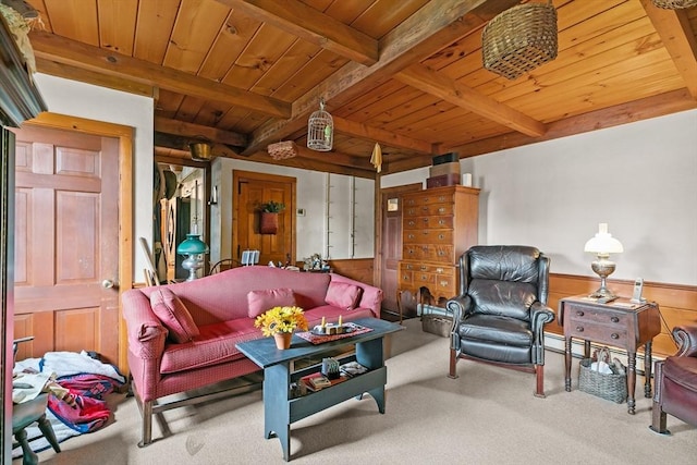 1 Pine Ln, Warren, RI 02885 - carpeted living room featuring wood ceiling with exposed beams, a wainscoted wall, and wood walls