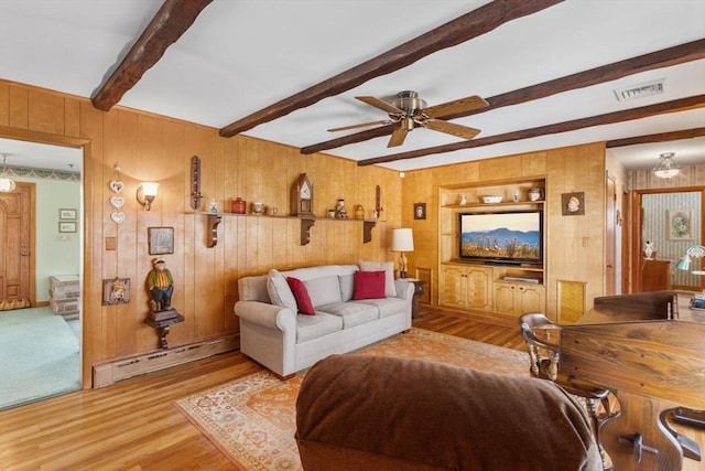 living area with visible vents, wooden walls, beamed ceiling, wood finished floors, and a baseboard radiator