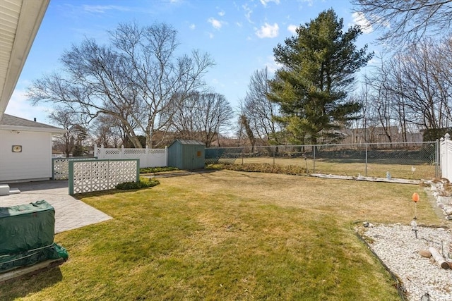 view of yard featuring a storage unit, a patio, an outdoor structure, and a fenced backyard