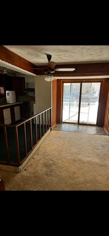 carpeted living room featuring ceiling fan and plenty of natural light