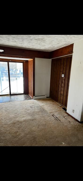 empty room featuring light colored carpet, baseboard heating, and wood walls