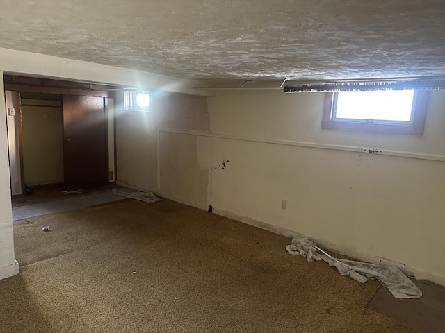 basement featuring carpet and a textured ceiling